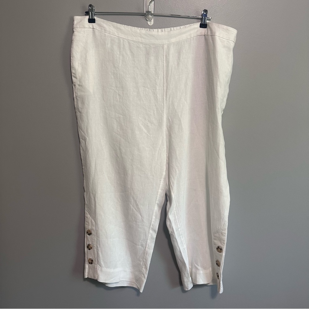 Chico’s White Linen Crop Pants Womens 4 US 20 Pull On Button Hem